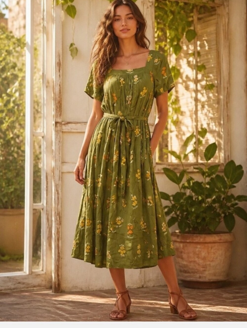LOFT Olive Green Floral Midi Dress with Tie Waist